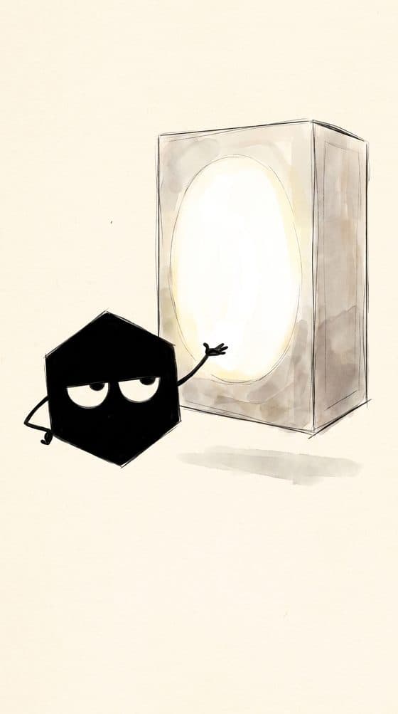 Mockup: the mascot presenting a blank product, reserved for a sponsor's own branding, in the show's hand-illustrated style.